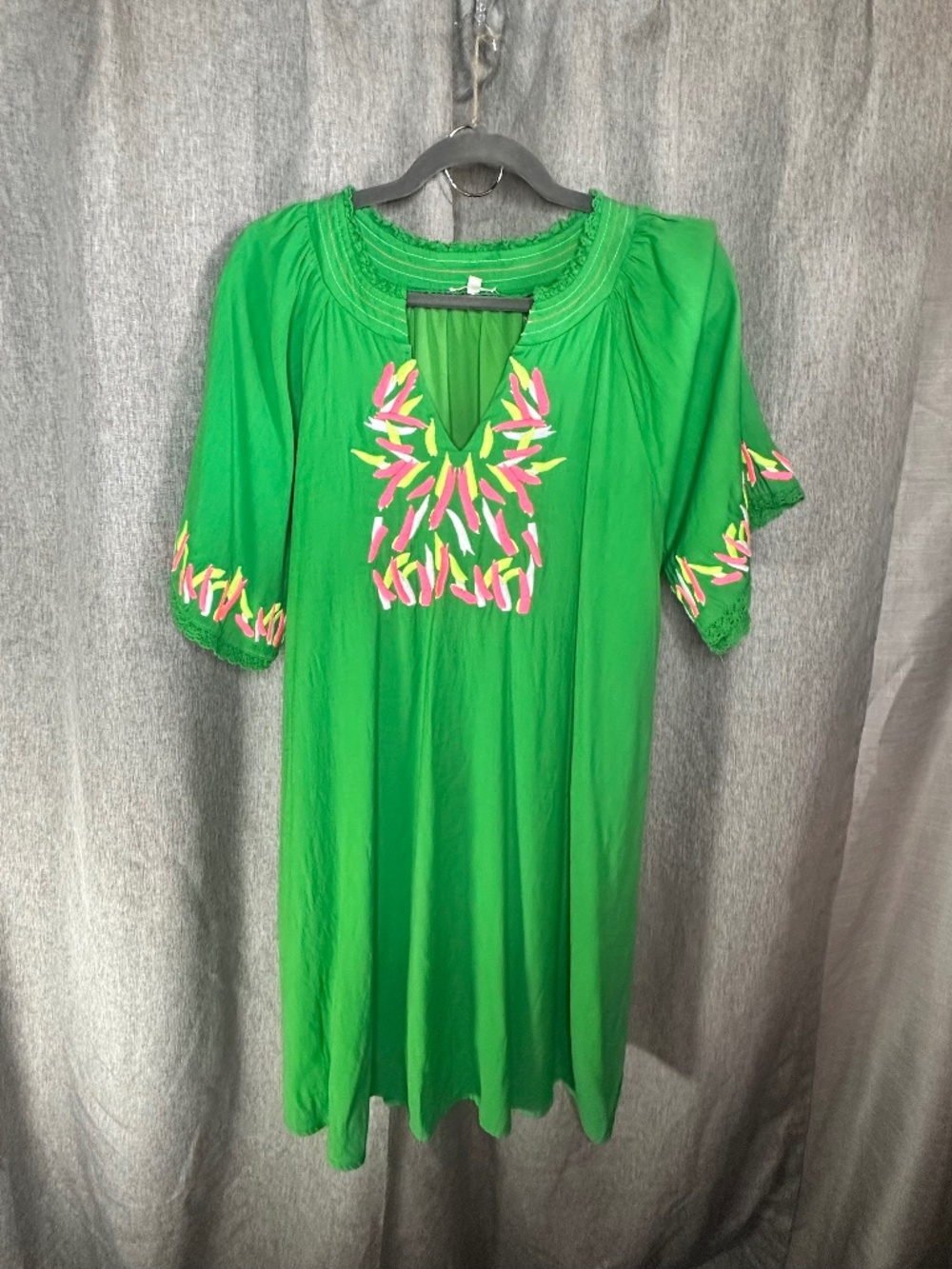 Jodifl Green V-Neck Tunic Dress Multi-Color Neon Embroidery- Size Large